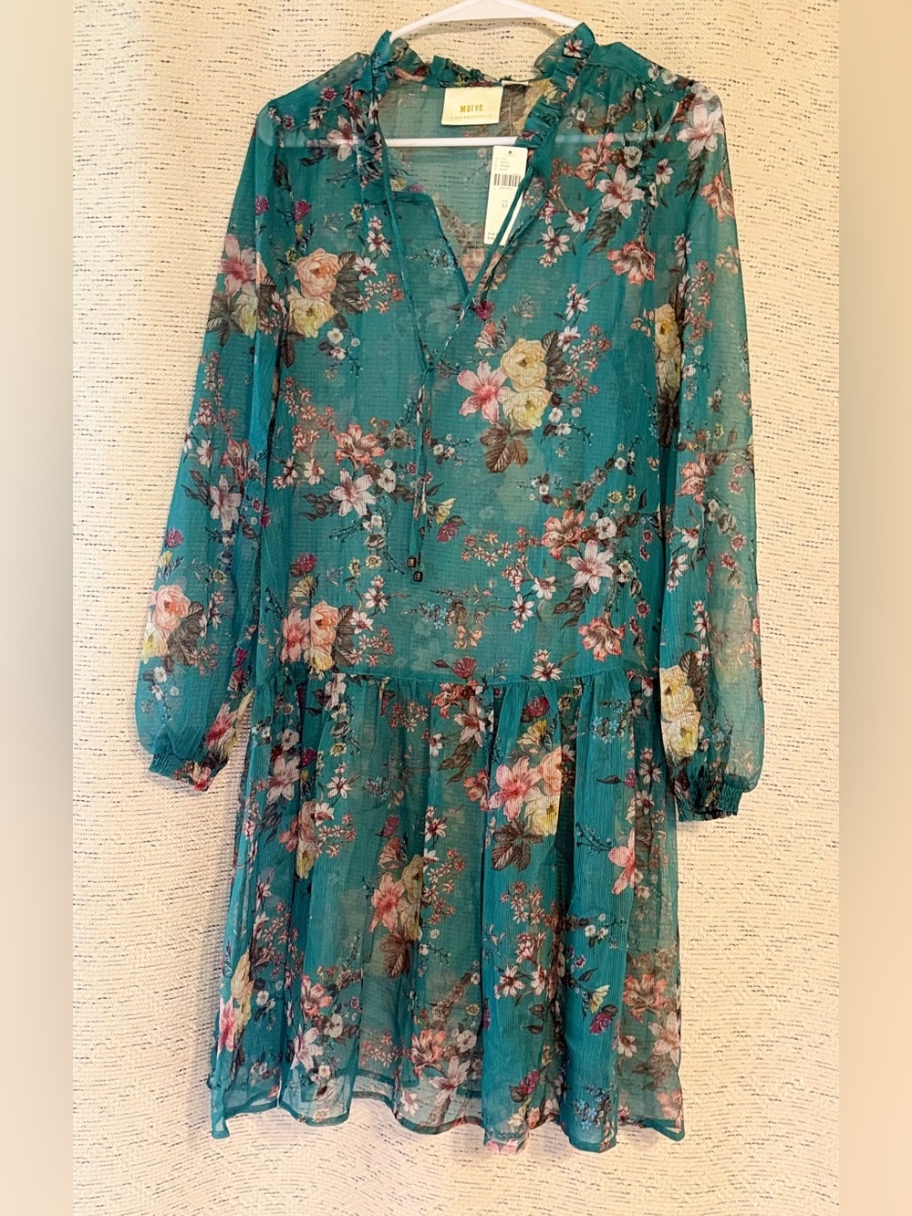 NWT Anthropologie Maive Teal Floral Ruffle-Trim Sheer Long-Sleeve Dress. Size XS - Picture 7 of 16